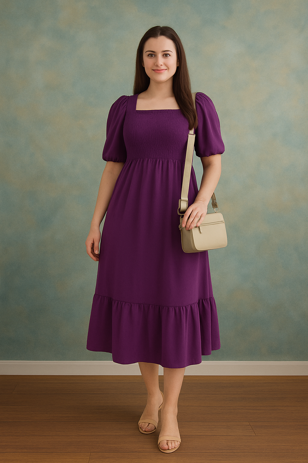 Elegant Purple Smocked Midi Dress for Women – Soft, Stylish & Flowy
