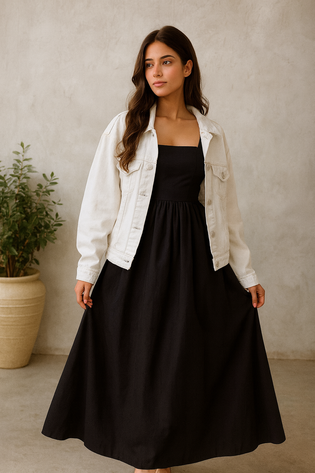 Elegant Black Maxi Dress with White Denim Jacket – Women’s Stylish Combo