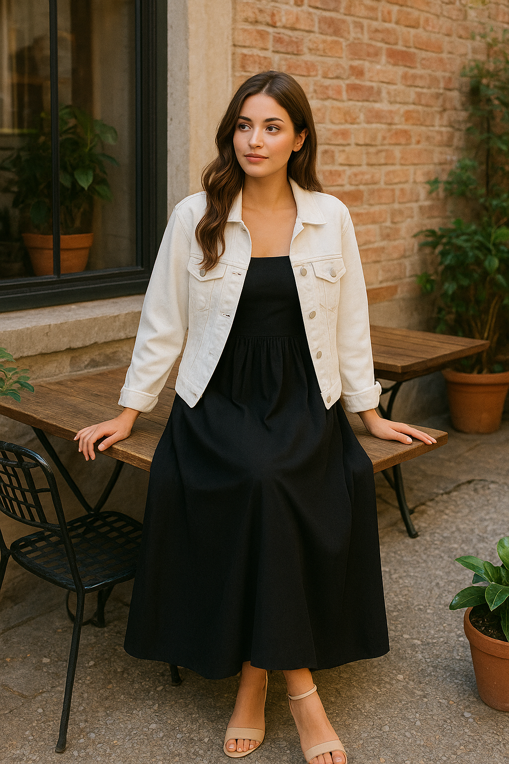 Elegant Black Maxi Dress with White Denim Jacket – Women’s Stylish Combo