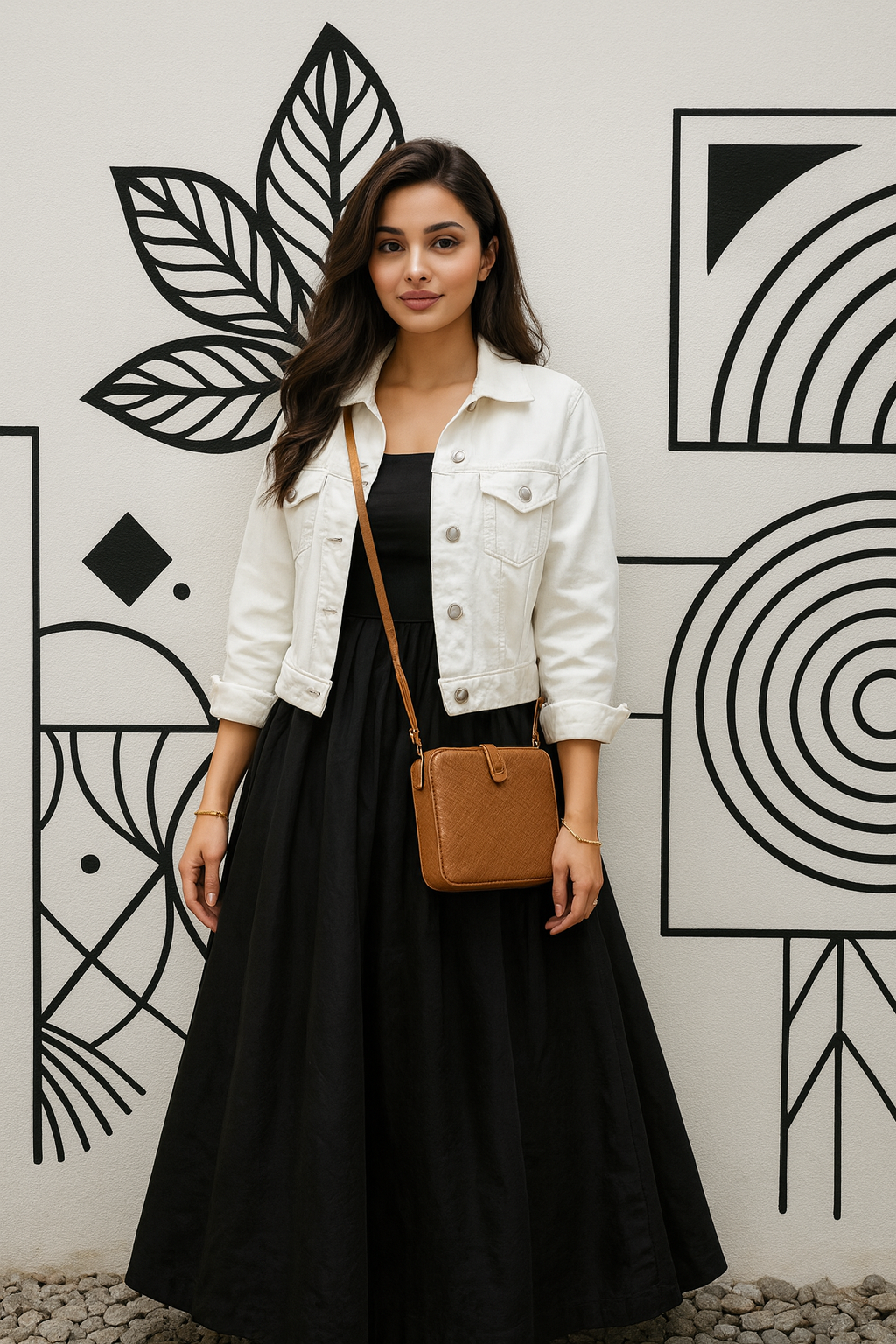 Elegant Black Maxi Dress with White Denim Jacket – Women’s Stylish Combo