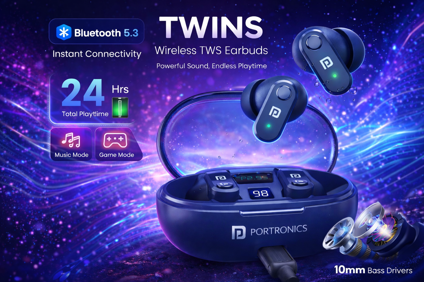 Portronics Harmonics Twins S16 Wireless TWS Earbuds – Bluetooth 5.3, 24H Playtime, LED Display, Clear Calls & Game Mode (Black)