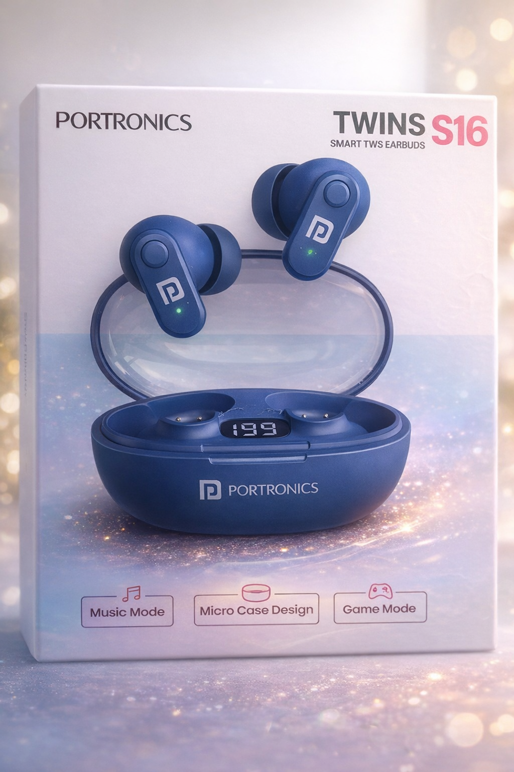 Portronics Harmonics Twins S16 Wireless TWS Earbuds – Bluetooth 5.3, 24H Playtime, LED Display, Clear Calls & Game Mode (Black)