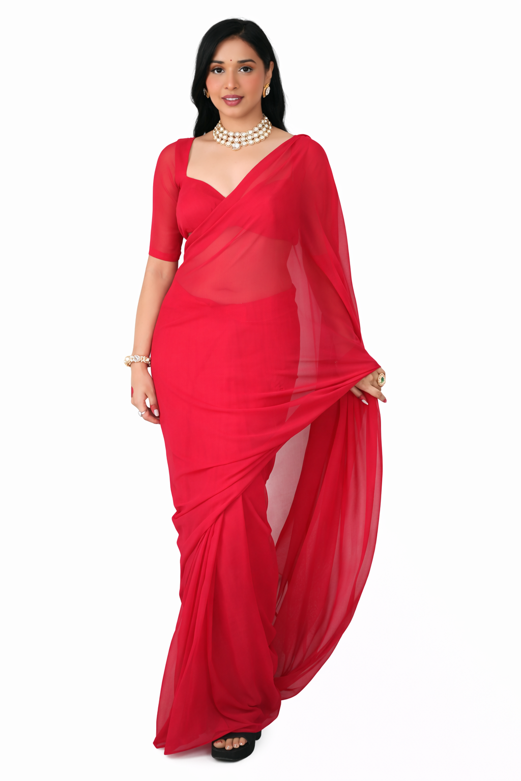 Ready to Wear Maroon Georgette Saree | Bollywood Style Plain Saree for Women
