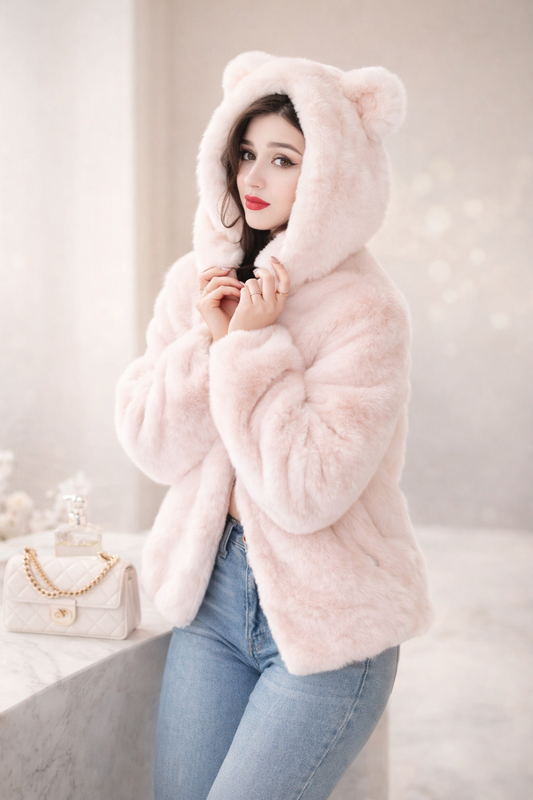 Women Pink Fur Hoodie | Full Sleeves Wool Zip-Up Winter Sweatshirt with Hood