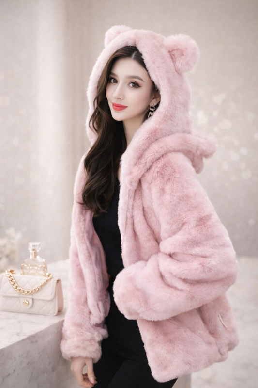 Women Pink Fur Hoodie | Full Sleeves Wool Zip-Up Winter Sweatshirt with Hood