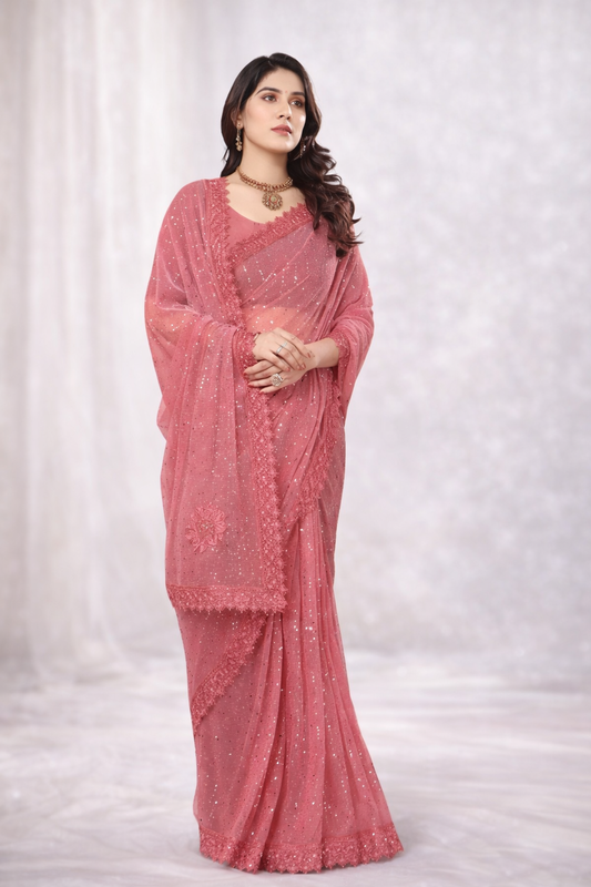 Shimmer Saree with Mirror Work, Chemical Lace & Diamond Hand Embellishment – Party Wear Ethnic Saree