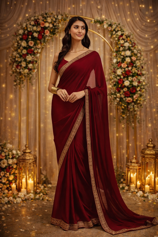 Maroon Pure Silk Saree with Heavy Embroidered Border – Party Wear