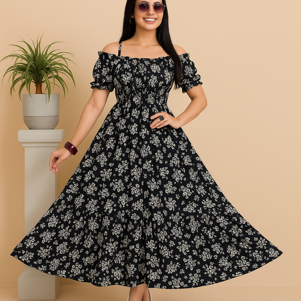 Stylish Women Frock – Black Fit & Flare Maxi Dress | Affordable 👗