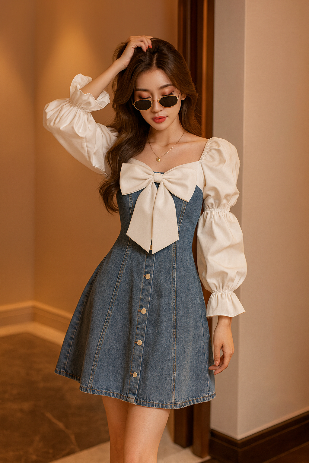 Women’s Denim Bow Dress with Puff Sleeves – Trendy A-Line Western Wear