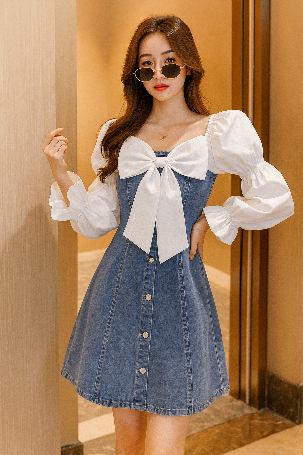 Women’s Denim Bow Dress with Puff Sleeves – Trendy A-Line Western Wear