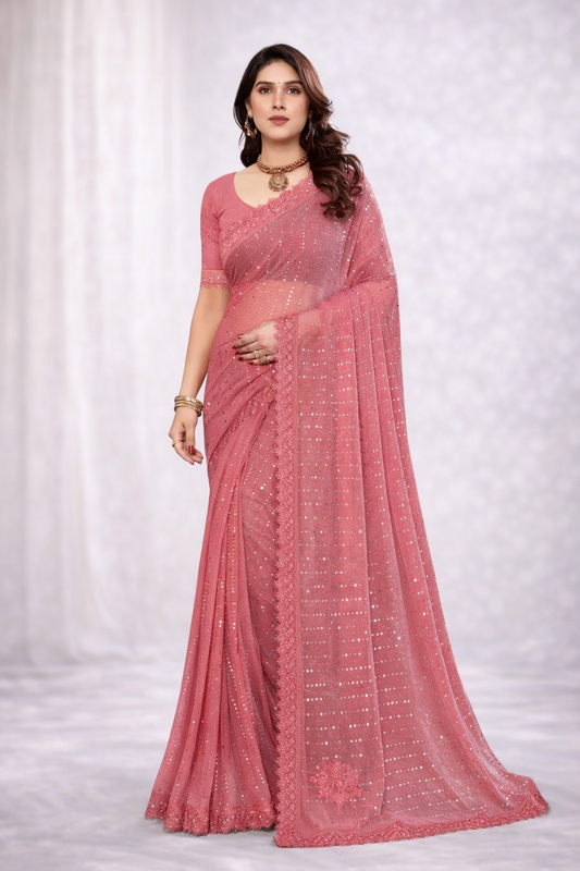 Shimmer Saree with Mirror Work, Chemical Lace & Diamond Hand Embellishment – Party Wear Ethnic Saree
