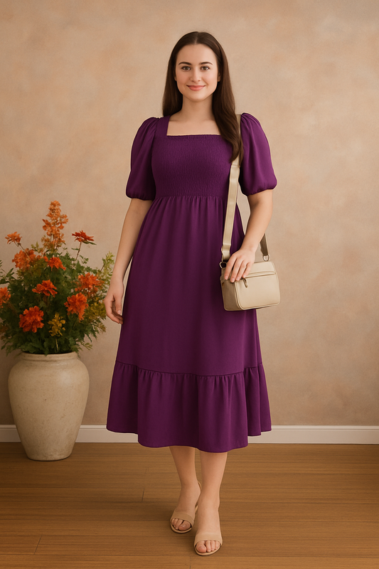 Elegant Purple Smocked Midi Dress for Women – Soft, Stylish & Flowy