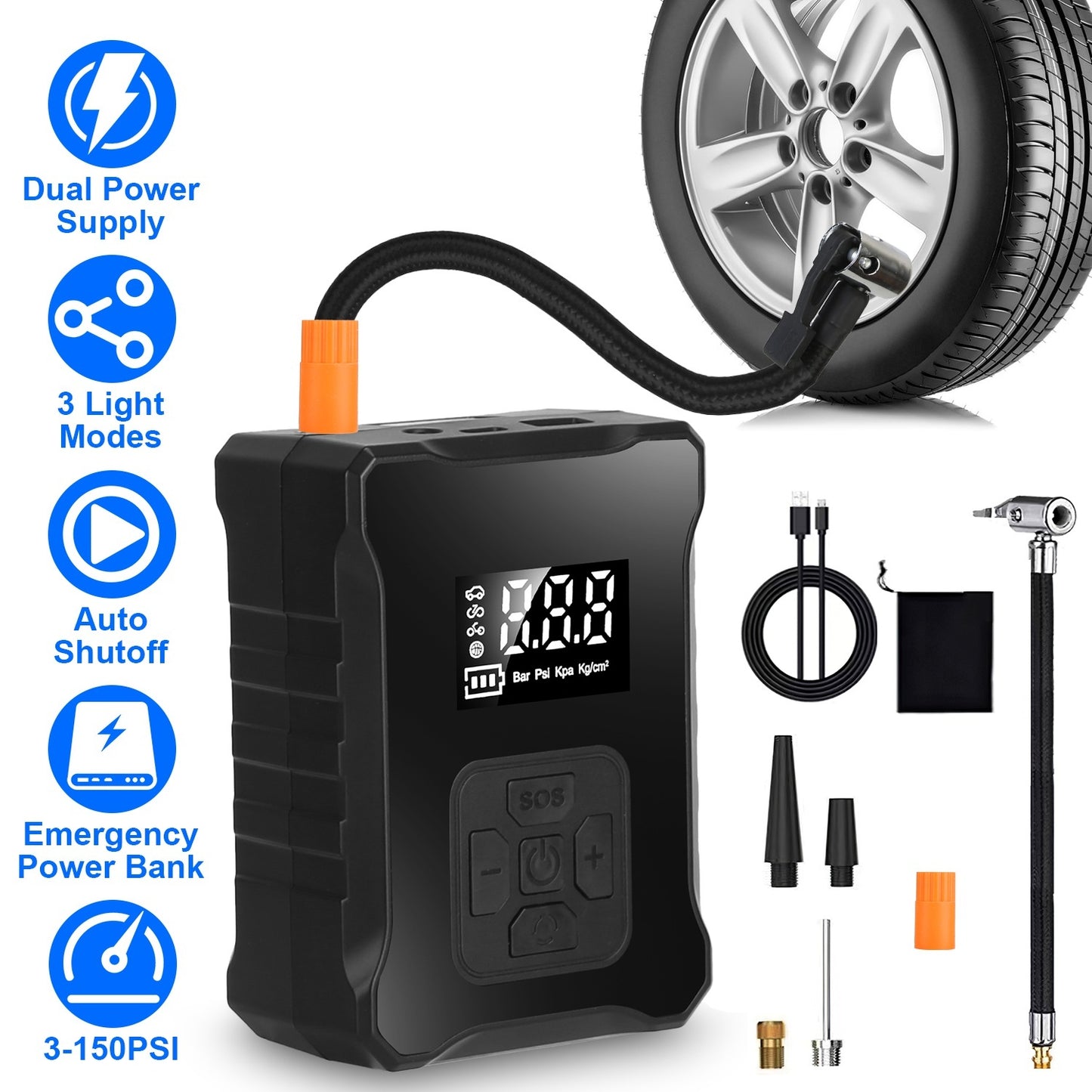 1Pc 150PSI Cordless Tire Inflator Digital Air Compressor With LED L…