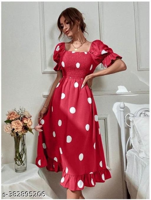 Fancy Retro Women Dresses – Stylish Printed A-Line Crepe Dress with Puff Sleeves